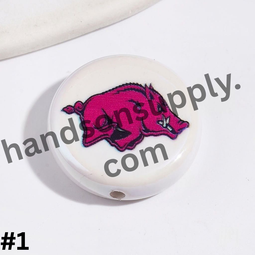 UV-Coated American College Sports Football Team Logo Series Flat Round Acrylic Beads, 23MM