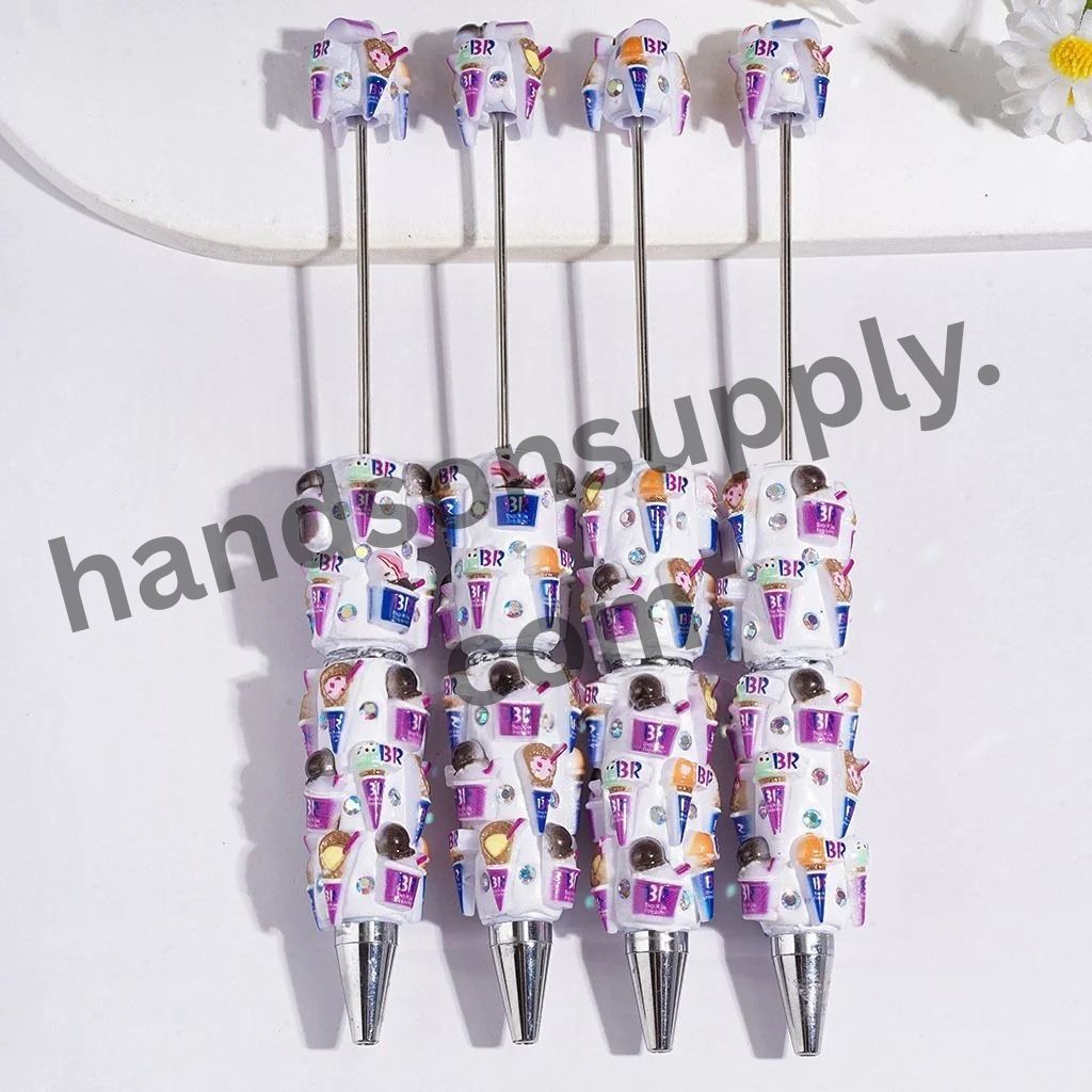 Colorful Ice Cream Shape Beadable Clay Pens with AB Rhinestones, Assorted Designs