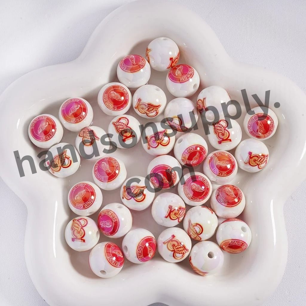Round with UV Coating Ice Hockey Team Pattern Acrylic Beads for Bracelets, 16MM