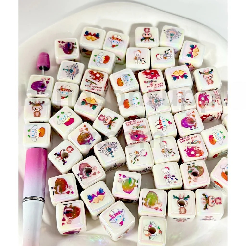 Cartoon Print White Cube Shape 15MM Assorted Mix Glossy Acrylic Beads