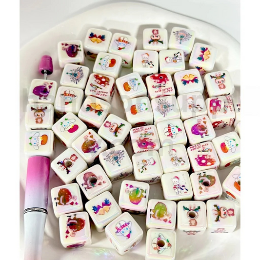 Cartoon Print White Cube Shape 15MM Assorted Mix Glossy Acrylic Beads