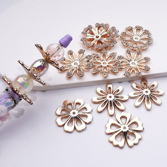 Small Petal Flower Spacer Gold Acrylic Jewelry Charm with Clear Rhinestones, Approx. 32MM, Random Mix