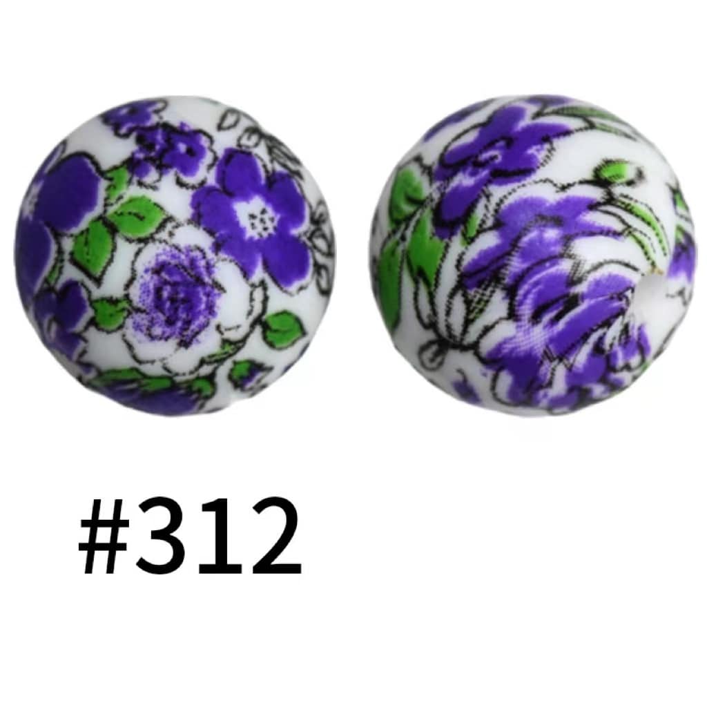White Printed on Lavender Flowers Silicone Beads Number 312