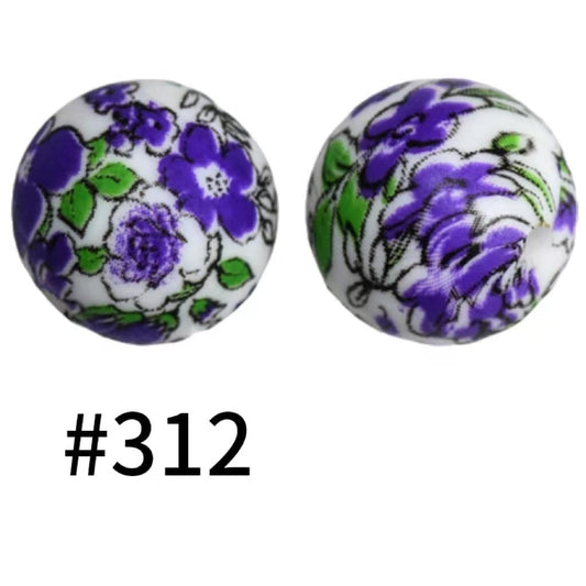 White Printed on Lavender Flowers Silicone Beads Number 312