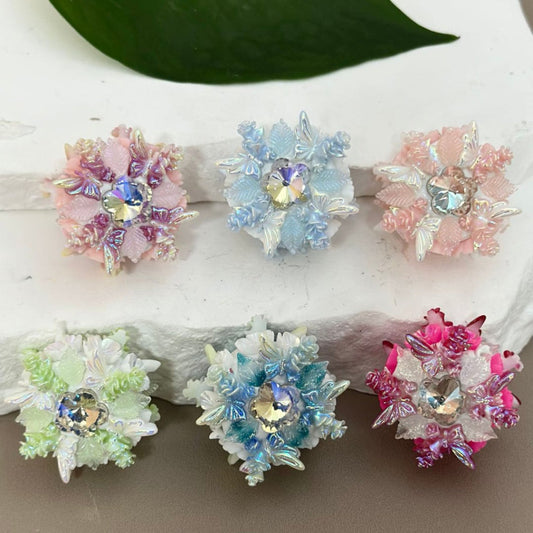 Fancy Delicate Colorful Cute Flowers and Leaves with Shiny Flower Rhinestones, White Clay Beads, Around 25mm