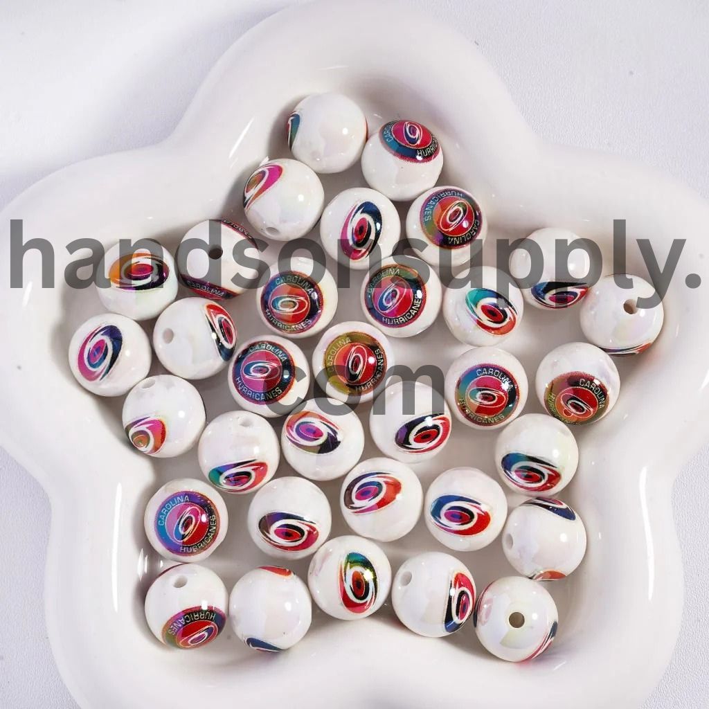 Round UV Coating Ice Hockey Team Pattern Acrylic Beads for Bracelets, 16MM