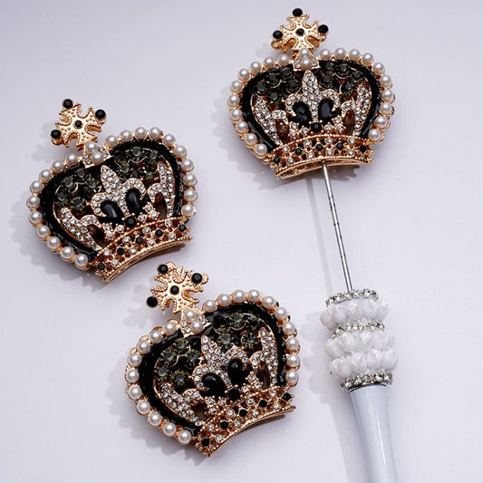 Elegant Gold Crown Clay Beads with White Pearls & Sparkling Black Clear Rhinestones, Approx. 54x59MM, Fancy Metal Alloy