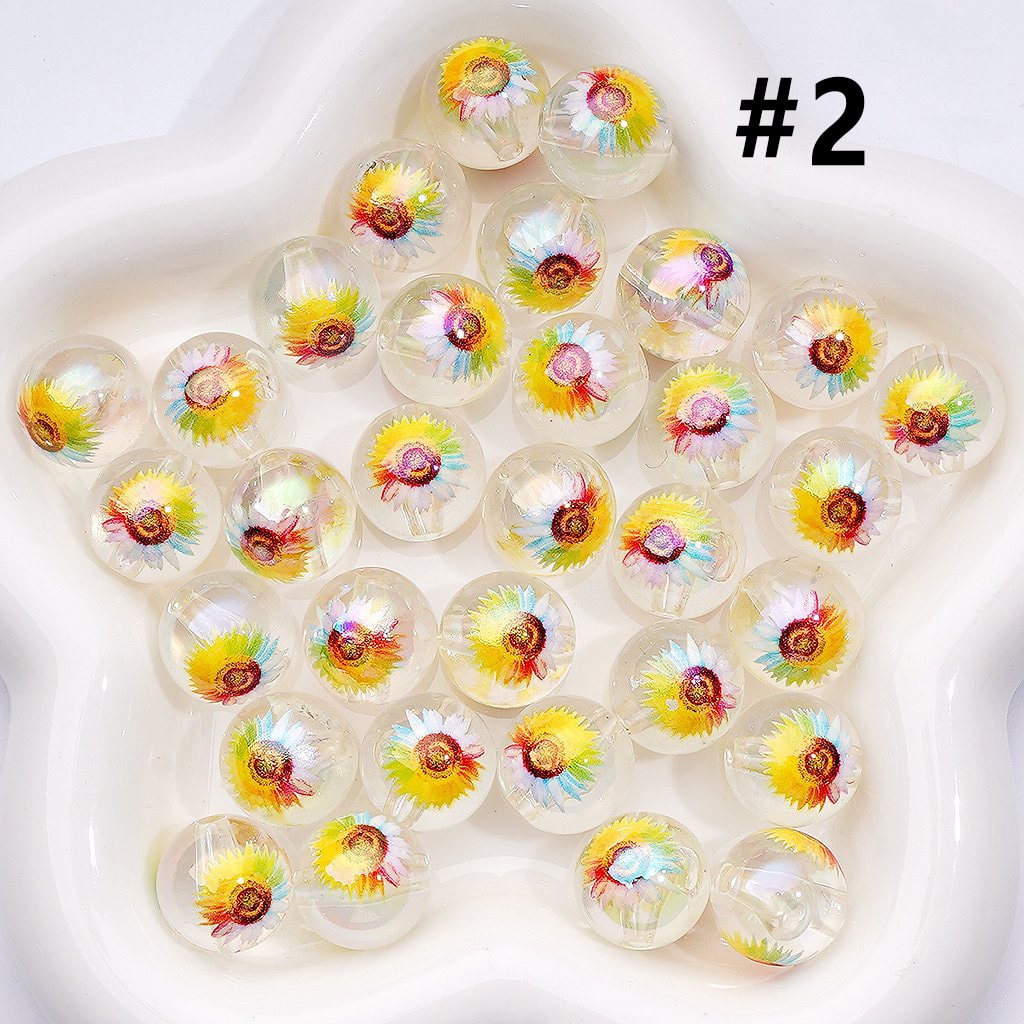 UV Coating Clear White Round Acrylic Beads with Sun Flowers 16MM