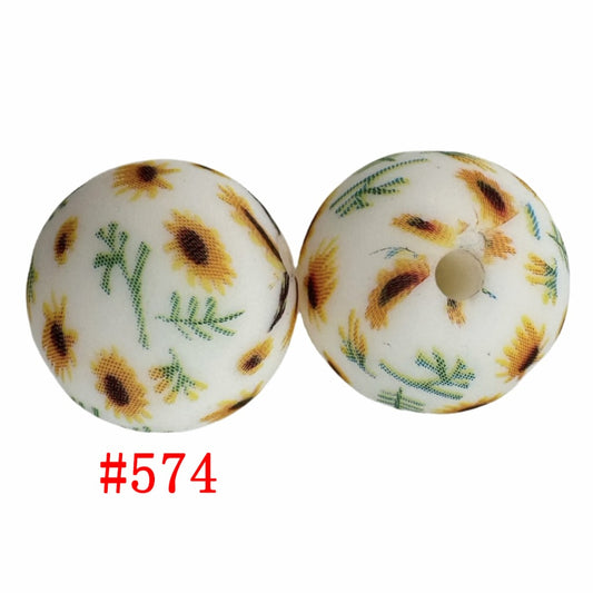 Green Leaves Printed Yellow Sunflower Silicone Beads, 15mm, Number 574