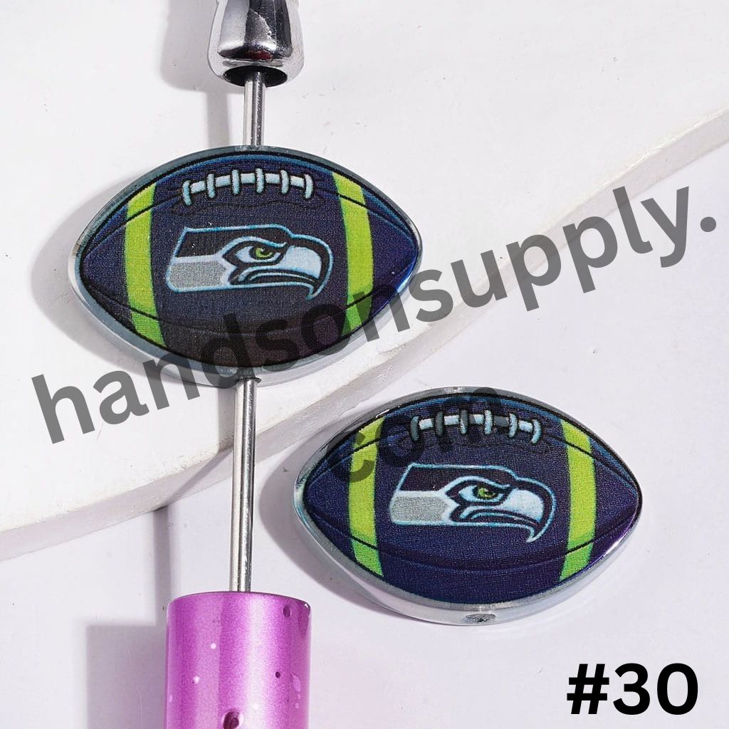 UV-Coated American Football Shape Acrylic Beads, Assorted Team Designs, 20-29MM, Random Mix