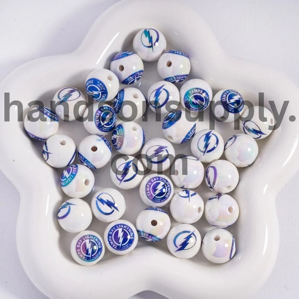 Round UV Coating Ice Hockey Team Pattern Acrylic Beads for Bracelets, 16MM