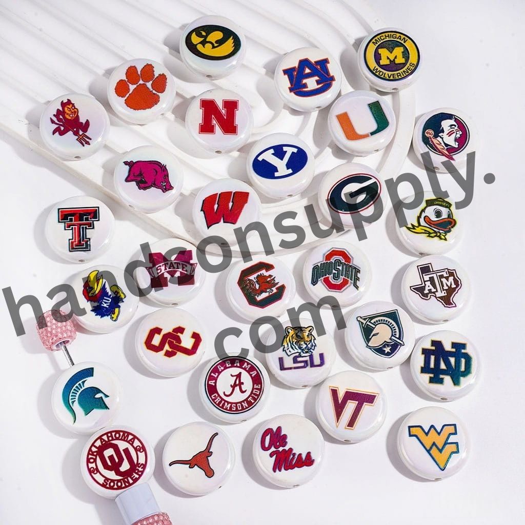 UV-Coated American College Sports Football Team Logo Series Flat Round Acrylic Beads, 23MM