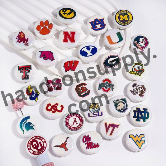UV-Coated American College Sports Football Team Logo Series Flat Round Acrylic Beads, 23MM