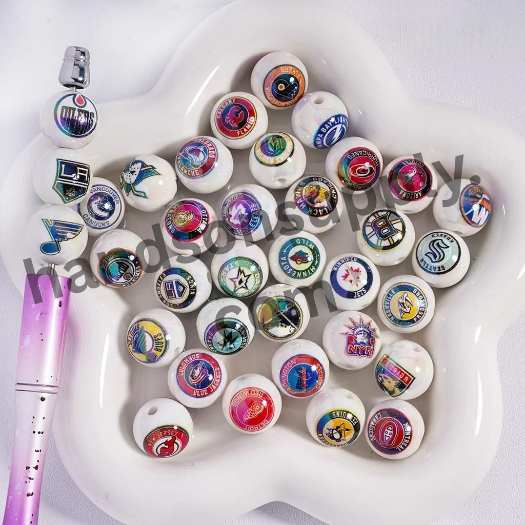 Round with UV Coating Ice Hockey Team Pattern Acrylic Beads for Bracelets, 16MM
