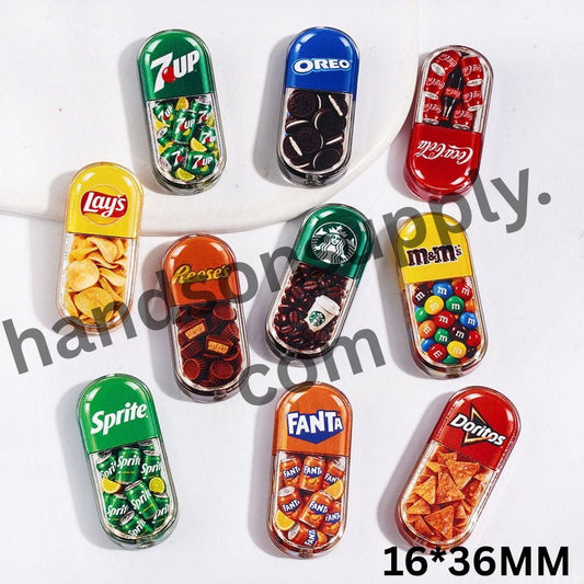 Sweet Cookie, Soft Drink, Coffee and Candy Chip Designs Series Semi-Clear Acrylic Beads, 16*36MM, Random Mix