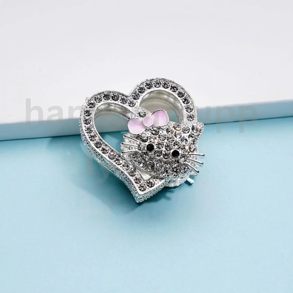 Silver Heart HK Kitten Design with Clear Rhinestones 27×28MM Alloy Beads