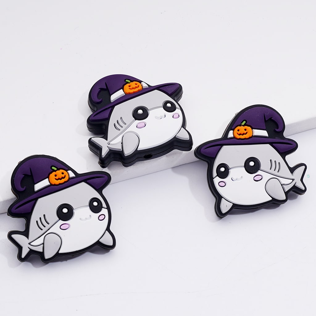 Cute Shark with Wizard Hat Mini Ghost Face Pumpkin Little White Ghost Holds Orange Ghost Face Balloon Basket Hat Halloween Series Silicone Focal Beads