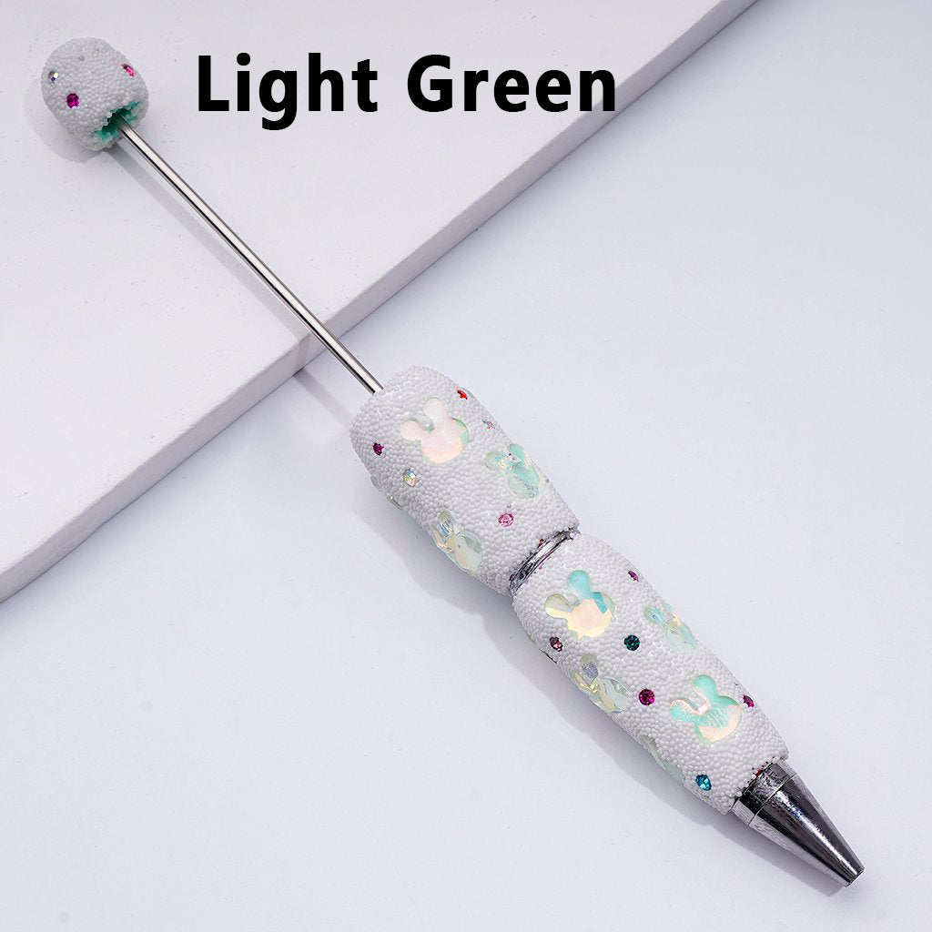Beadable Clay Pens Covered with Colorful Shiny Rhinestones Mini Snow Balls and Cute Bunny Heads Along the Entire Pen