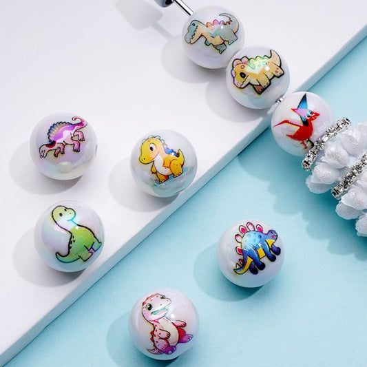 Dinosaurs Series UV Coating White Round Acrylic Beads, 16MM, Random Mix