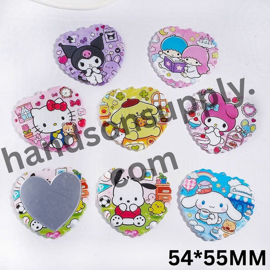Charming Animal Character Heart-Shaped Acrylic Mirror Pendants for Bags and DIY Accessories, 54*55MM, Random Mix