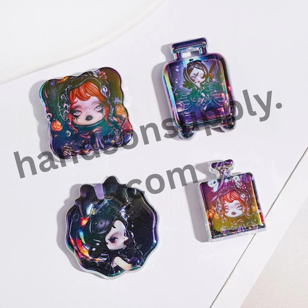 UV-Coated Mystical Gothic Doll Character Black & Purple Series Acrylic Beads & Pendants, Random Mix