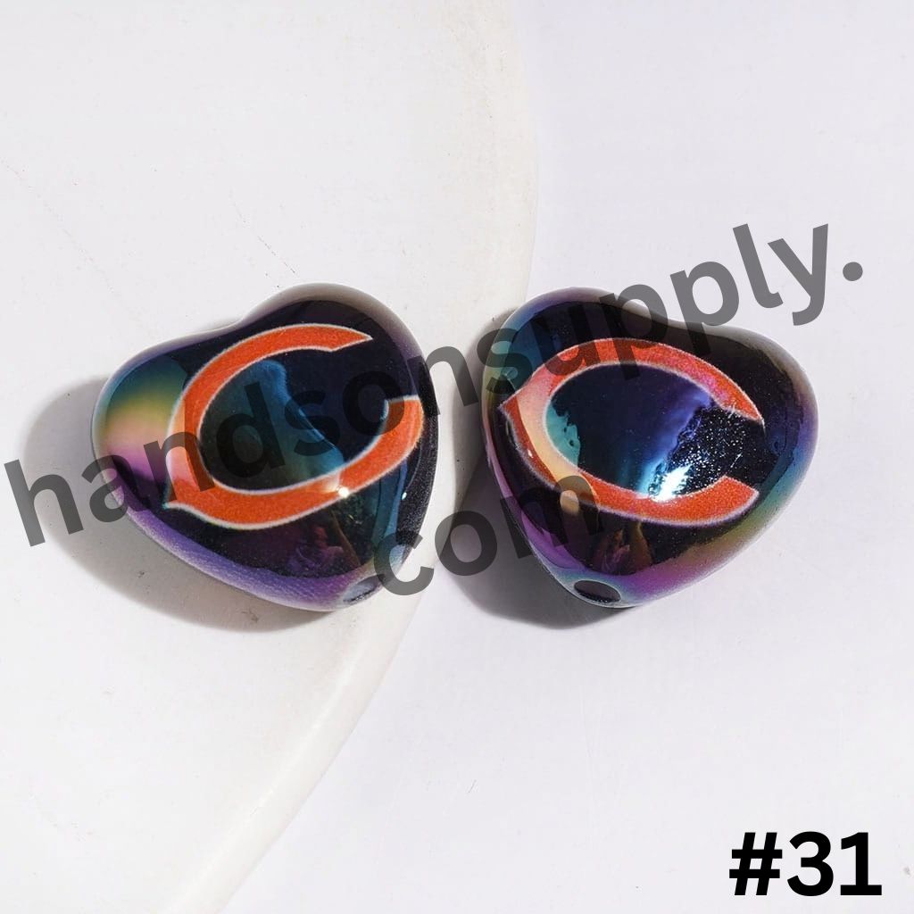 UV-Coated Heart-Shaped American Football Team Logo Series Acrylic Beads, 18*20MM