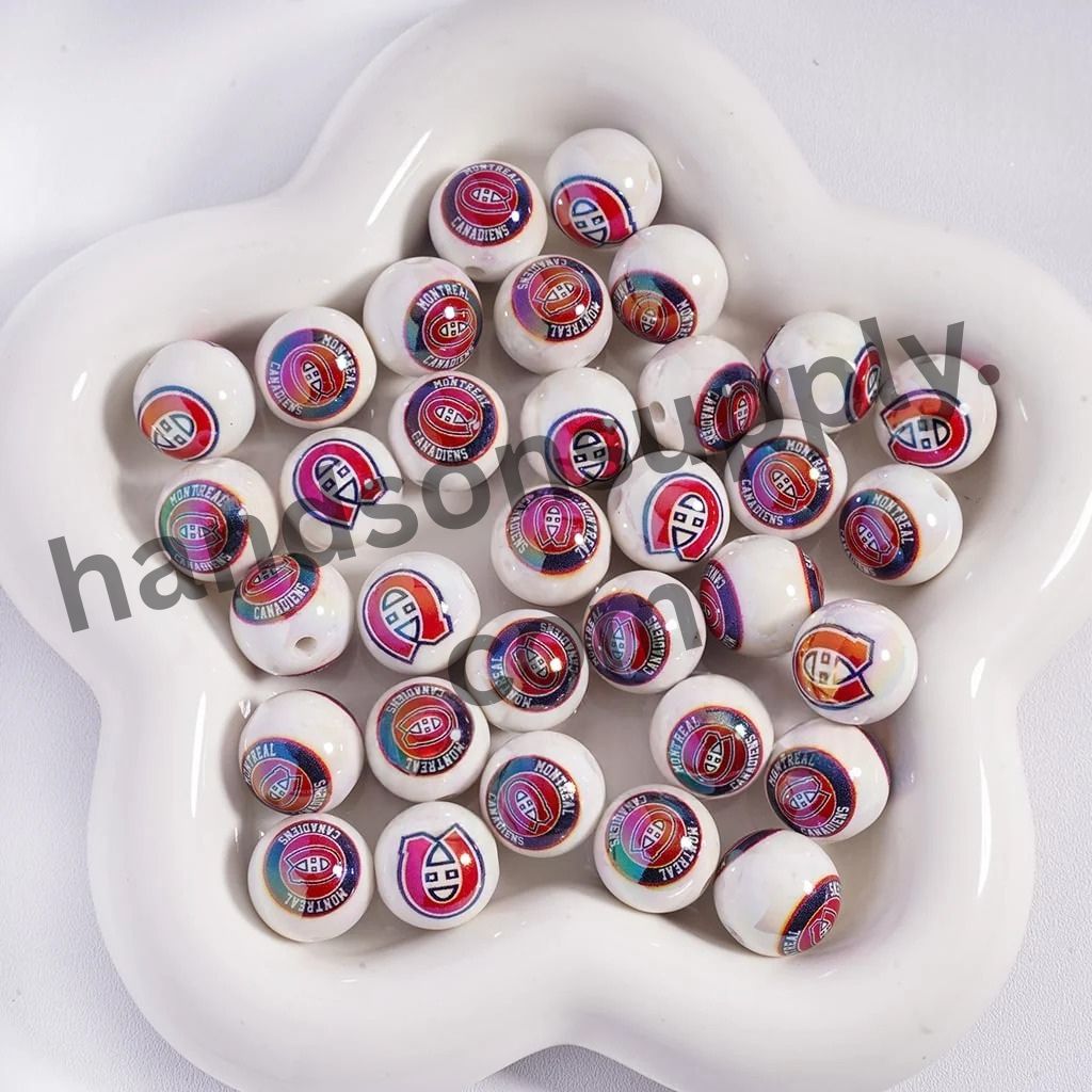 Round with UV Coating Ice Hockey Team Pattern Acrylic Beads for Bracelets, 16MM