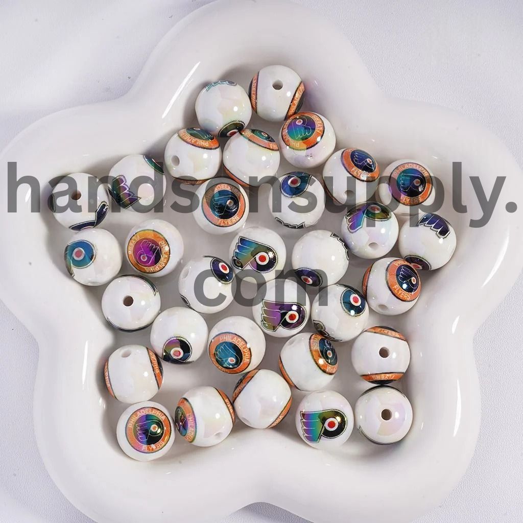 Round UV Coating Ice Hockey Team Pattern Acrylic Beads for Bracelets, 16MM