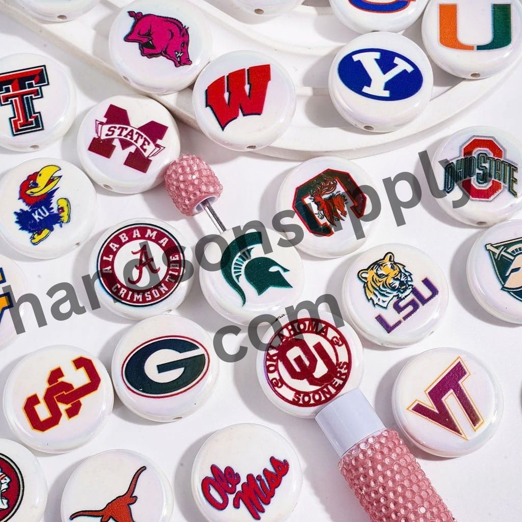 UV-Coated American College Sports Football Team Logo Series Flat Round Acrylic Beads, 23MM