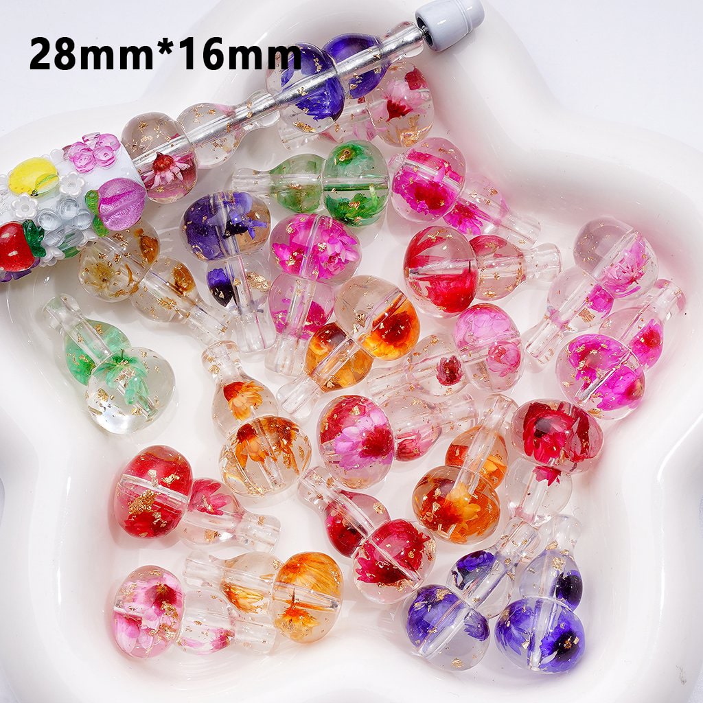 Elegant Clear Gourd-Shaped Acrylic Beads with Mini Gold Foil & Dried Flower Accent, Around 28×16MM