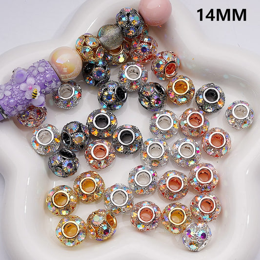 Large Hole Round Spacer Beads with AB Rhinestones, 14MM Fancy Alloy (Single Color is available for 100pcs Whole bag)