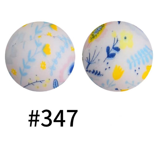 Flowers Blue Yellow Printed Silicone Beads Number 347
