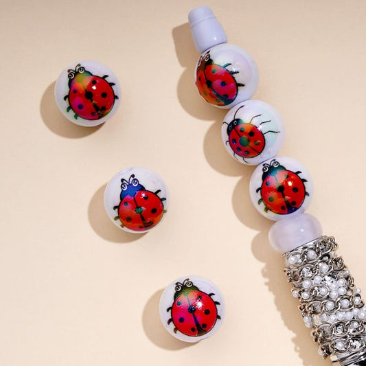 Red Ladybugs White UV Coating Round Acrylic Beads, 16MM