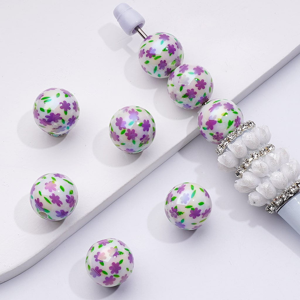 UV Coating Mini Purple Pink Red Flowers Round Acrylic Beads, 16MM