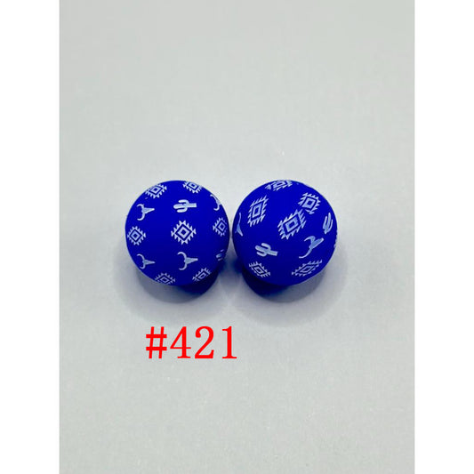 Blue Cactus Aztec Western Printed Silicone Beads Number 421