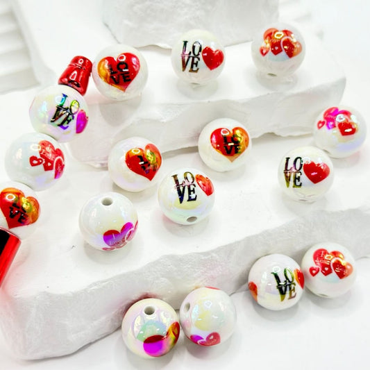 Red Heart Black Love Valentines White Round UV Finish Acrylic Beads, 16MM