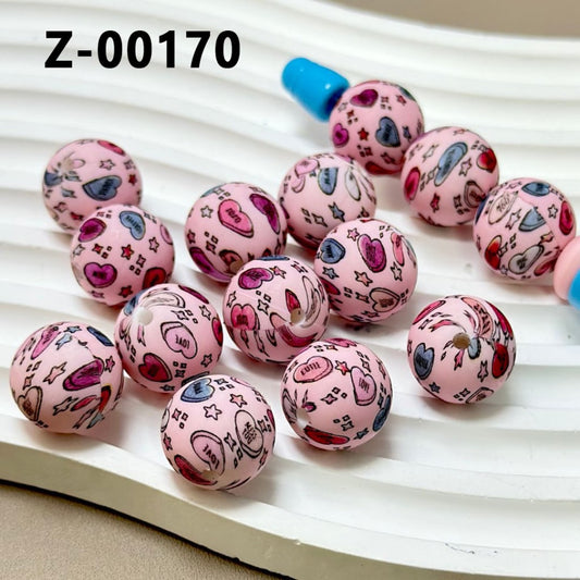 Pink Hearts Stars Colorful Round Printed Silicone Beads 15mm, Number Z-00170