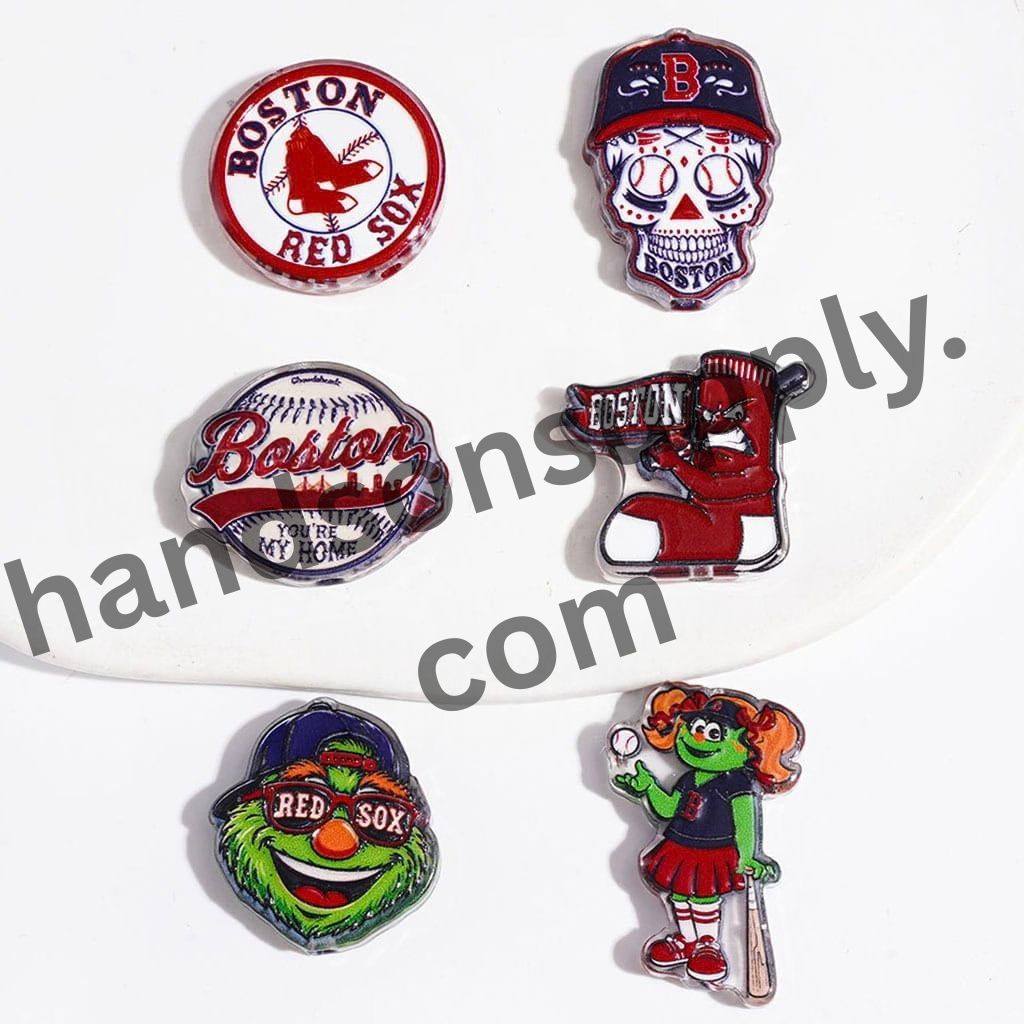 Sporty Boston Red Sox American Baseball Team Logo Semi-Clear Acrylic Beads, Random Mix