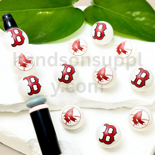 Boston Red Sox Baseball Theme White Round 16MM Mix Frosted Acrylic Beads