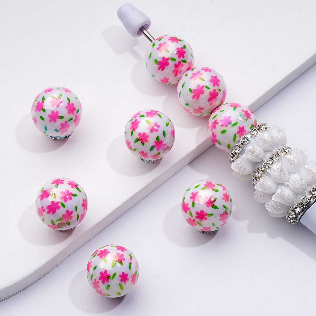 UV Coating Mini Purple Pink Red Flowers Round Acrylic Beads, 16MM