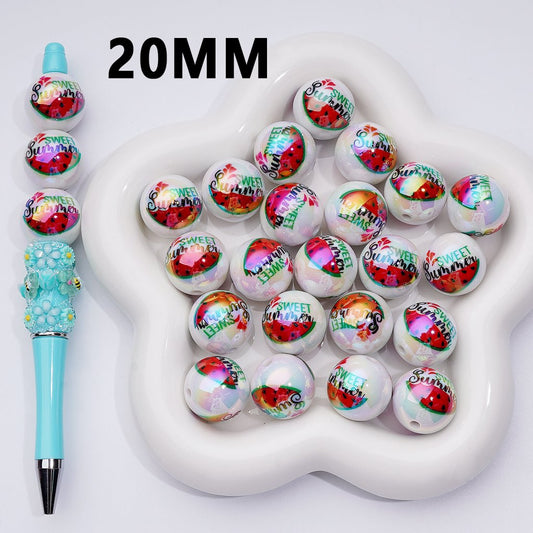 UV Coating Sweet Summer Watermelon Prints Round Acrylic Beads, 20MM