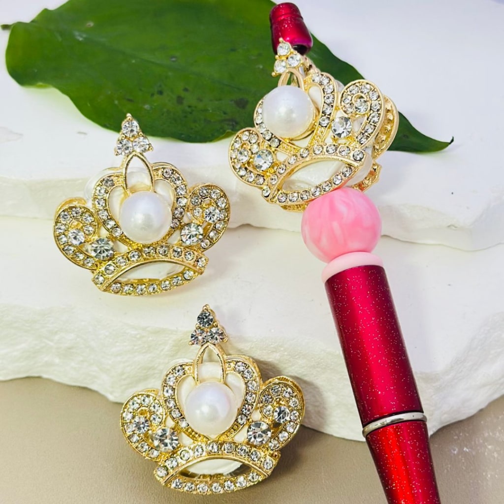 Gold & Silver Alloy Bling Bling Fancy Crown with Large White Pearls, Clear Rhinestones, and Clay Beads, Around 34*35mm