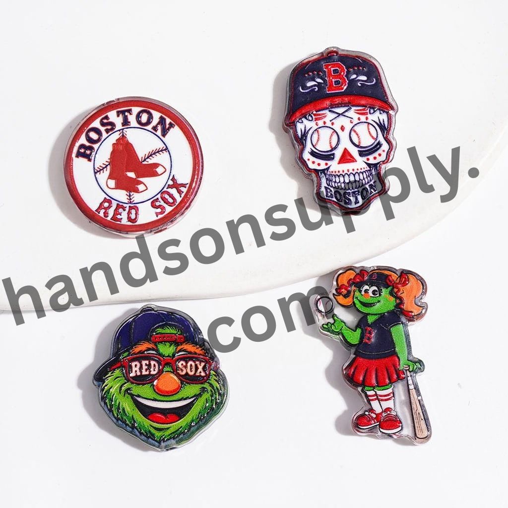 Sporty Boston Red Sox American Baseball Team Logo Semi-Clear Acrylic Beads, Random Mix