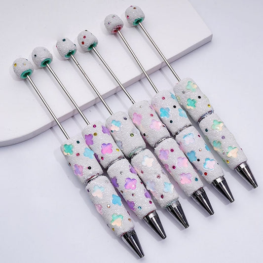 Vibrant Beadable Clover Pen – Jelly Colors with Sparkling Rhinestones & Mini Snow Balls
