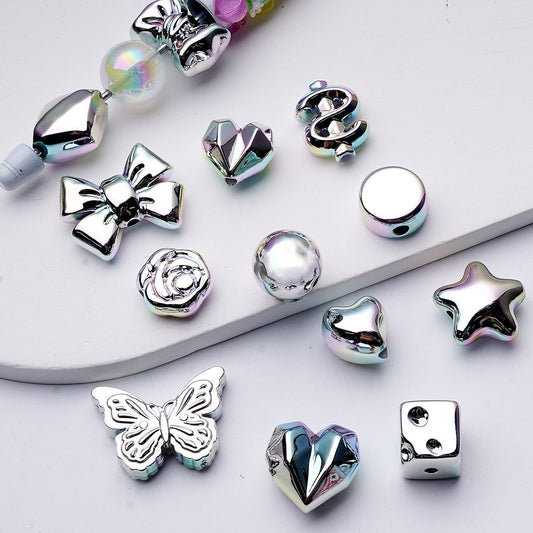 Acrylic Beads Random Mix – Iridescent Galaxy Silver Shapes Like Stars, Hearts, Butterflies, Dollar Signs & More