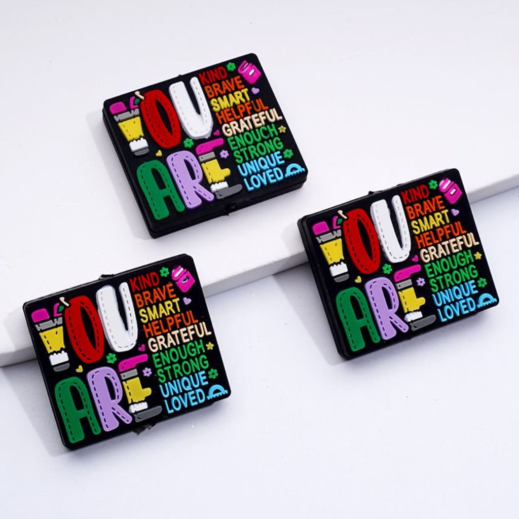 Unique Loved Rectangle You Are Kind Brave Smart Helpful Grateful Enough Strong Silicone Focal Beads