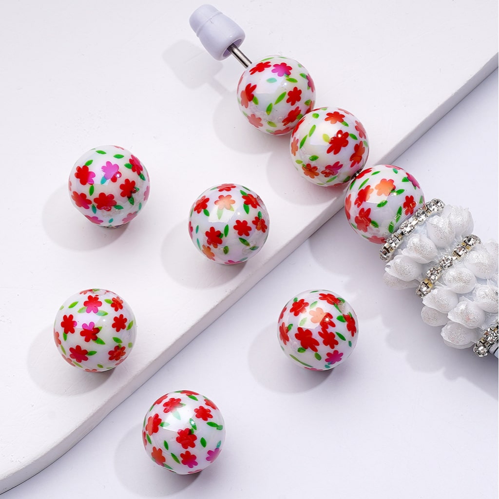 UV Coating Mini Purple Pink Red Flowers Round Acrylic Beads, 16MM