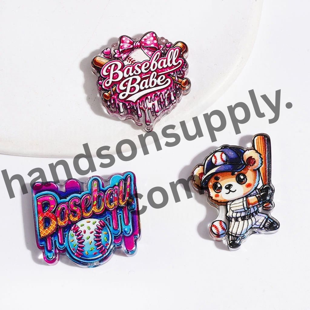 Baseball Theme Cartoon Characters and Sports Design Semi-Clear Acrylic Beads, Random Mix