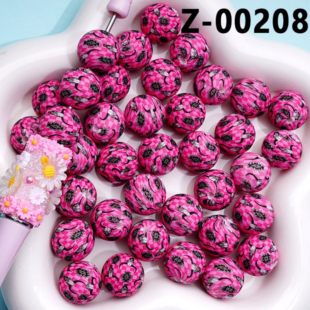 Ancient Civilization Cow Head Red Checkered Printed Silicone Beads 15MM, Number Z-00208