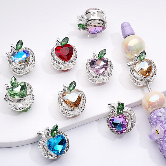 Fancy Silver Apple Charms Big Heart Clear Rhinestones Alloy Beads 20×18MM